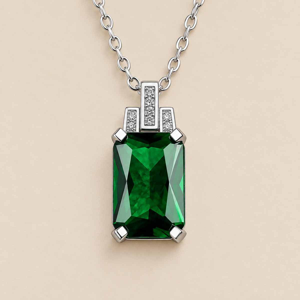 Emerald Baguette City Necklace — cream studio photograph