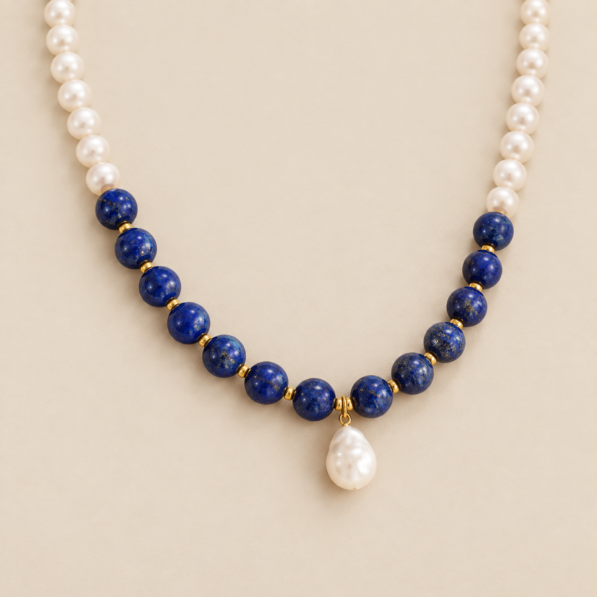 Midnight Lapis Pearl Pendant Necklace — cream studio photograph