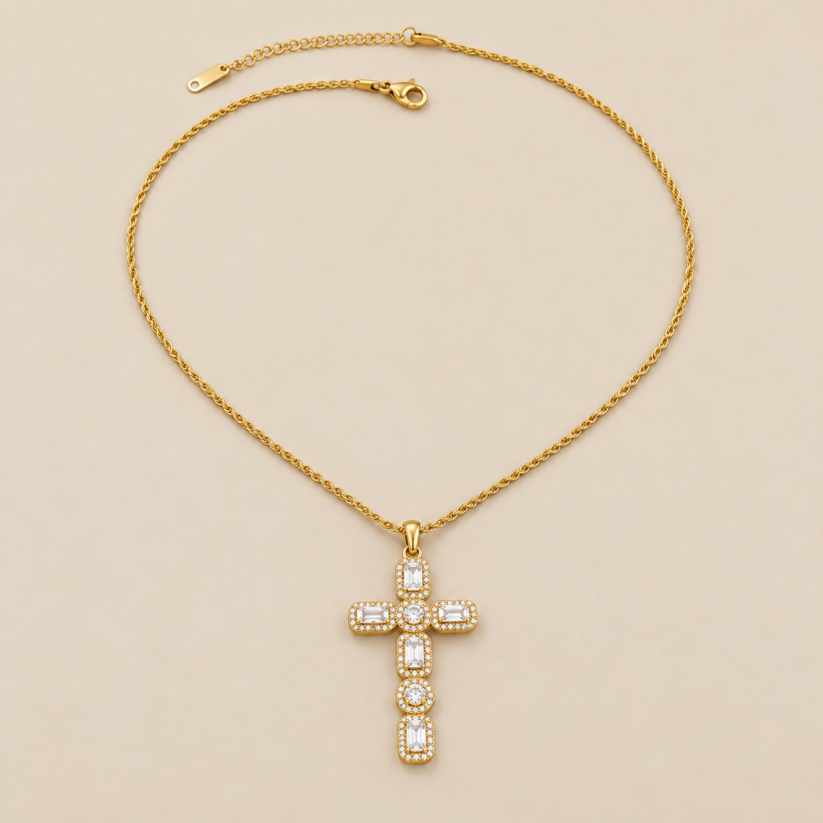 Radiant Gold Cross Necklace — cream studio photograph