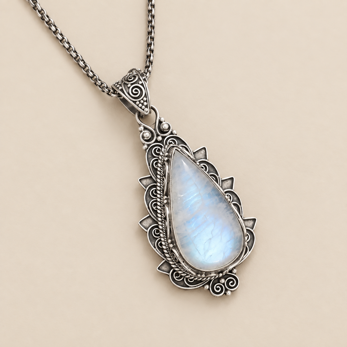 Antique Moonstone Drop Necklace — cream studio photograph