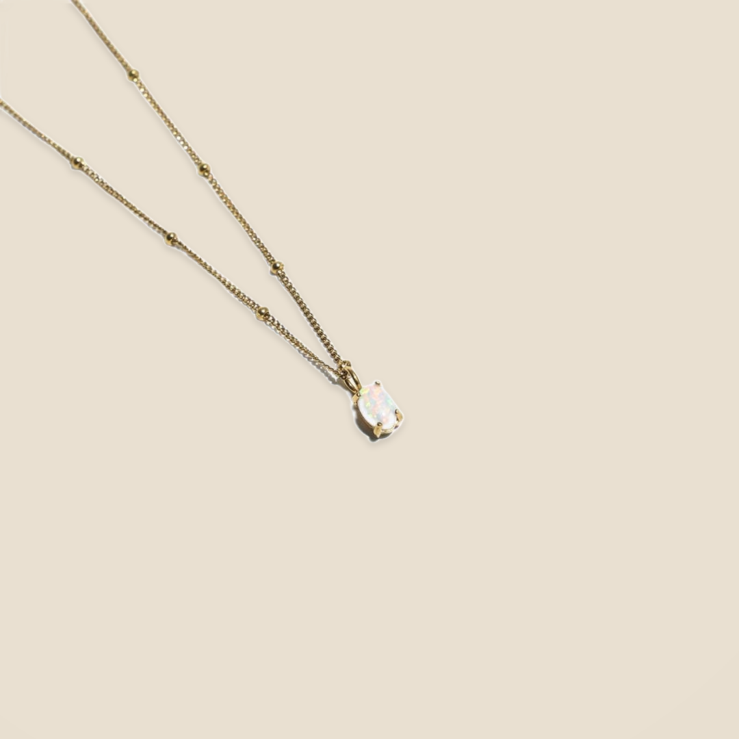 Gold Beaded Necklace with Opal Pendant