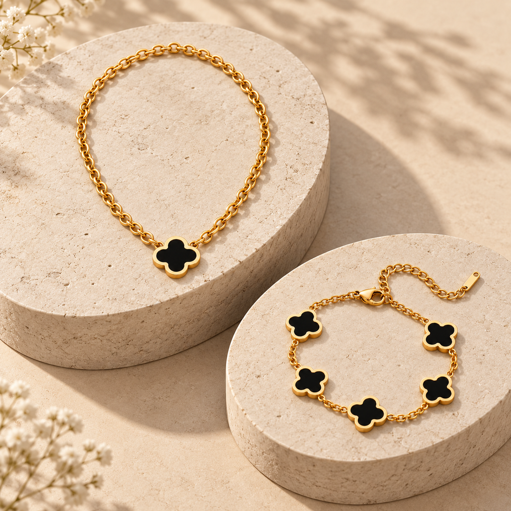 Conjunto de trébol negro sobre piedra natural