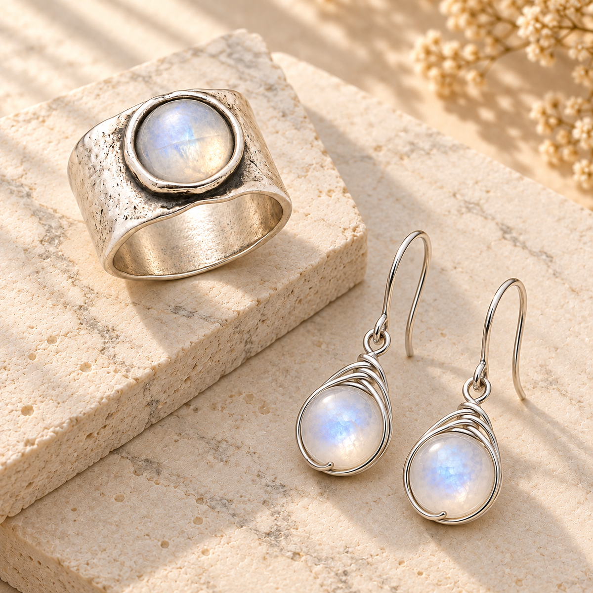 Silver Moonstone Ring & Earrings Set — editorial photograph