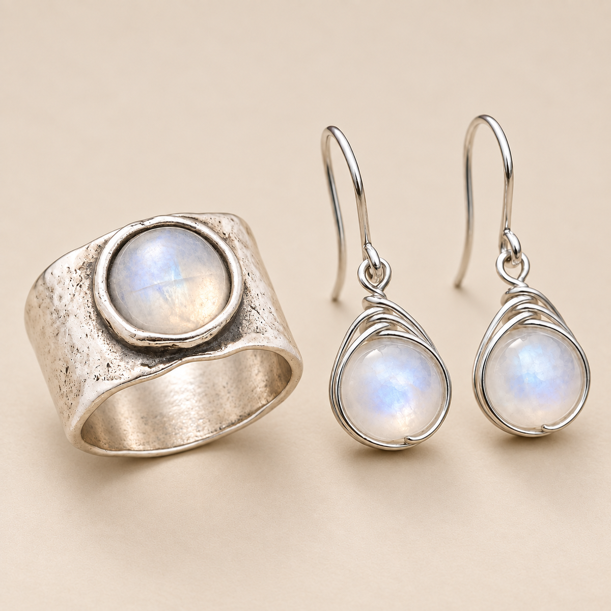Silver Moonstone Ring & Earrings Set — studio photograph