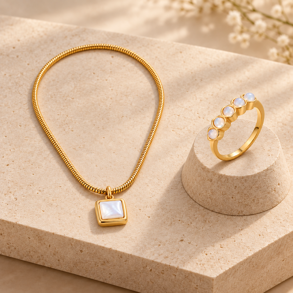 Golden Moonstone Necklace & Ring Set — editorial photograph