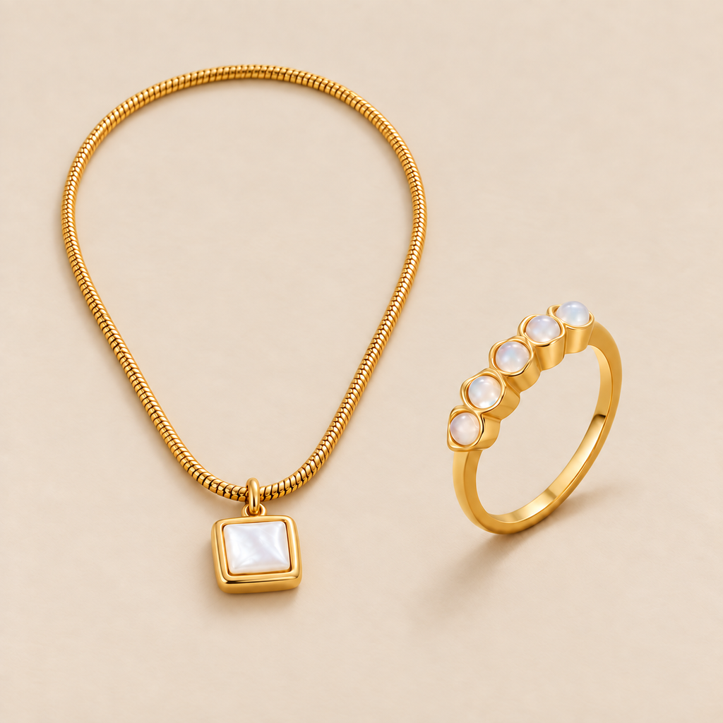 Golden Moonstone Necklace & Ring Set — studio photograph