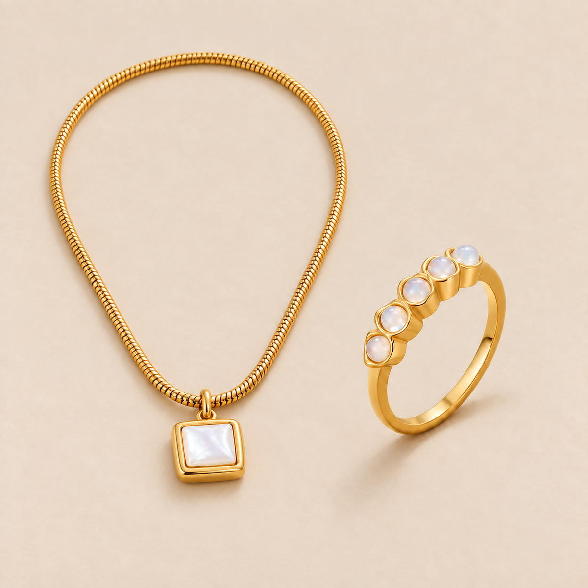 Golden Moonstone Necklace & Ring Set — studio photograph