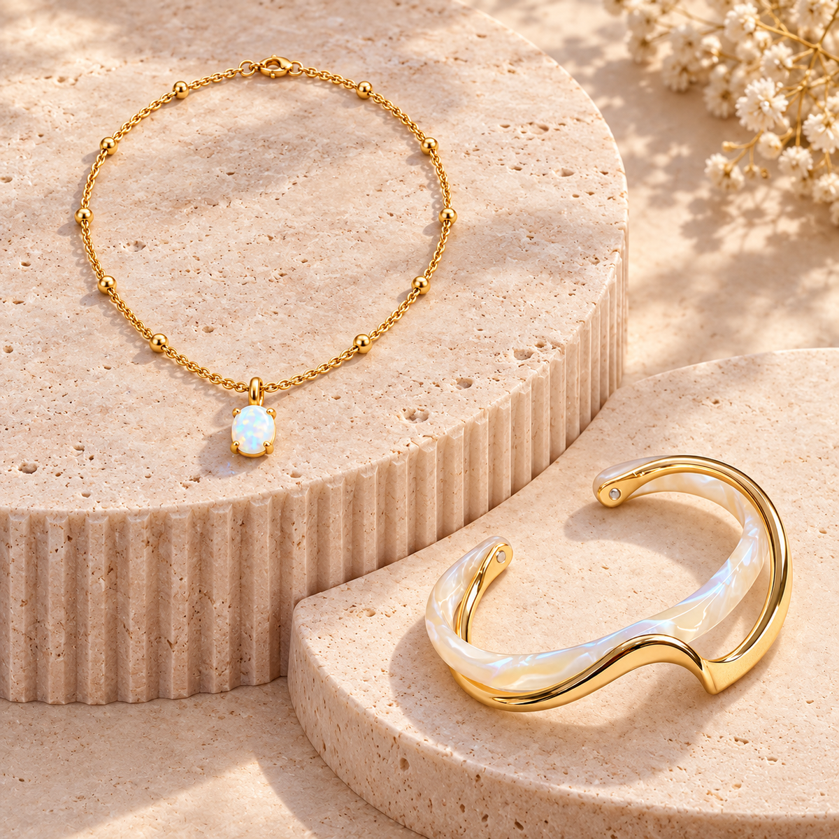 Golden Opal Necklace & Bracelet Set — editorial photograph