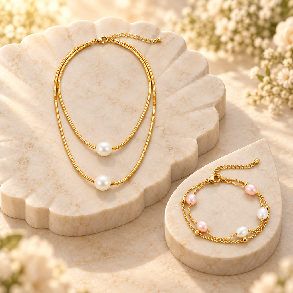 Conjunto de perlas de agua dulce sobre piedra natural