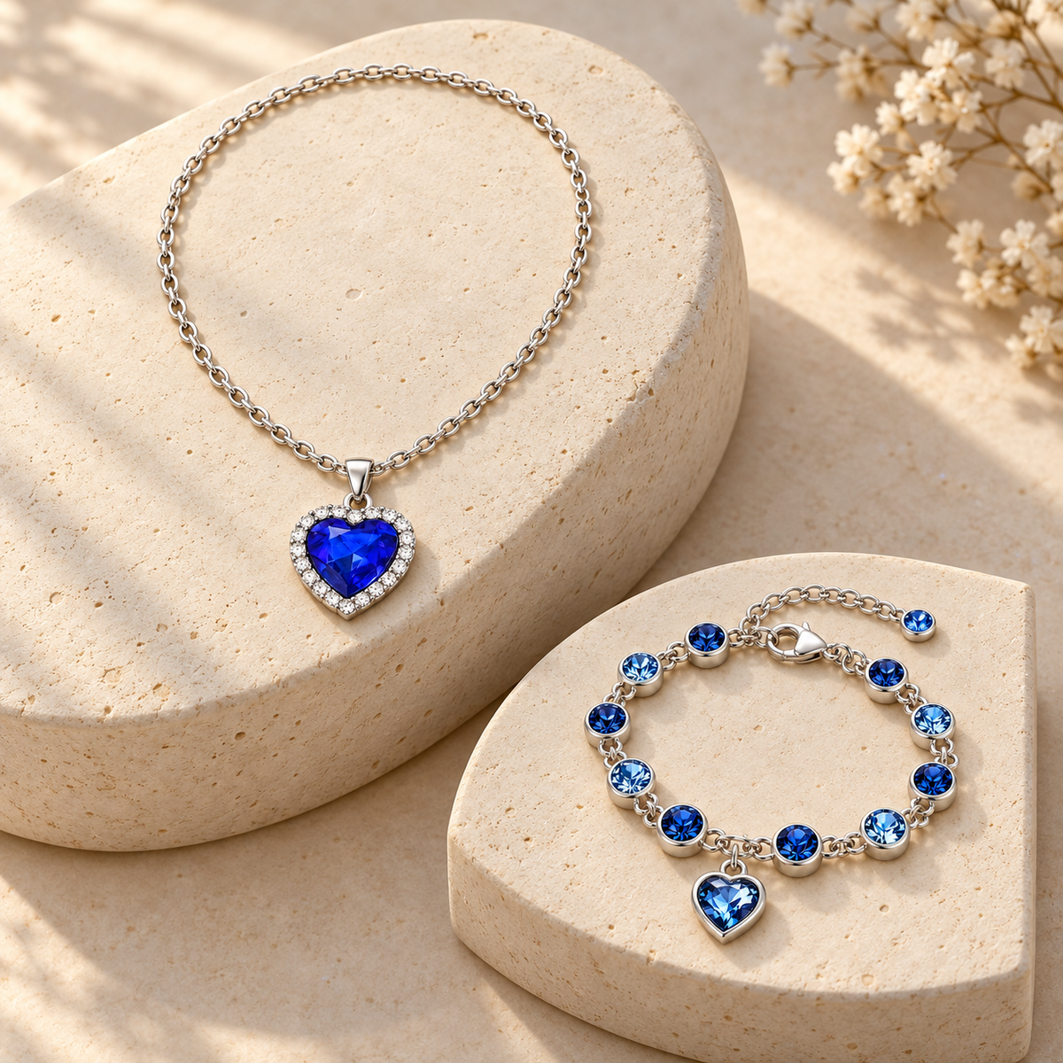 Blue Heart Necklace & Bracelet Set — editorial photograph