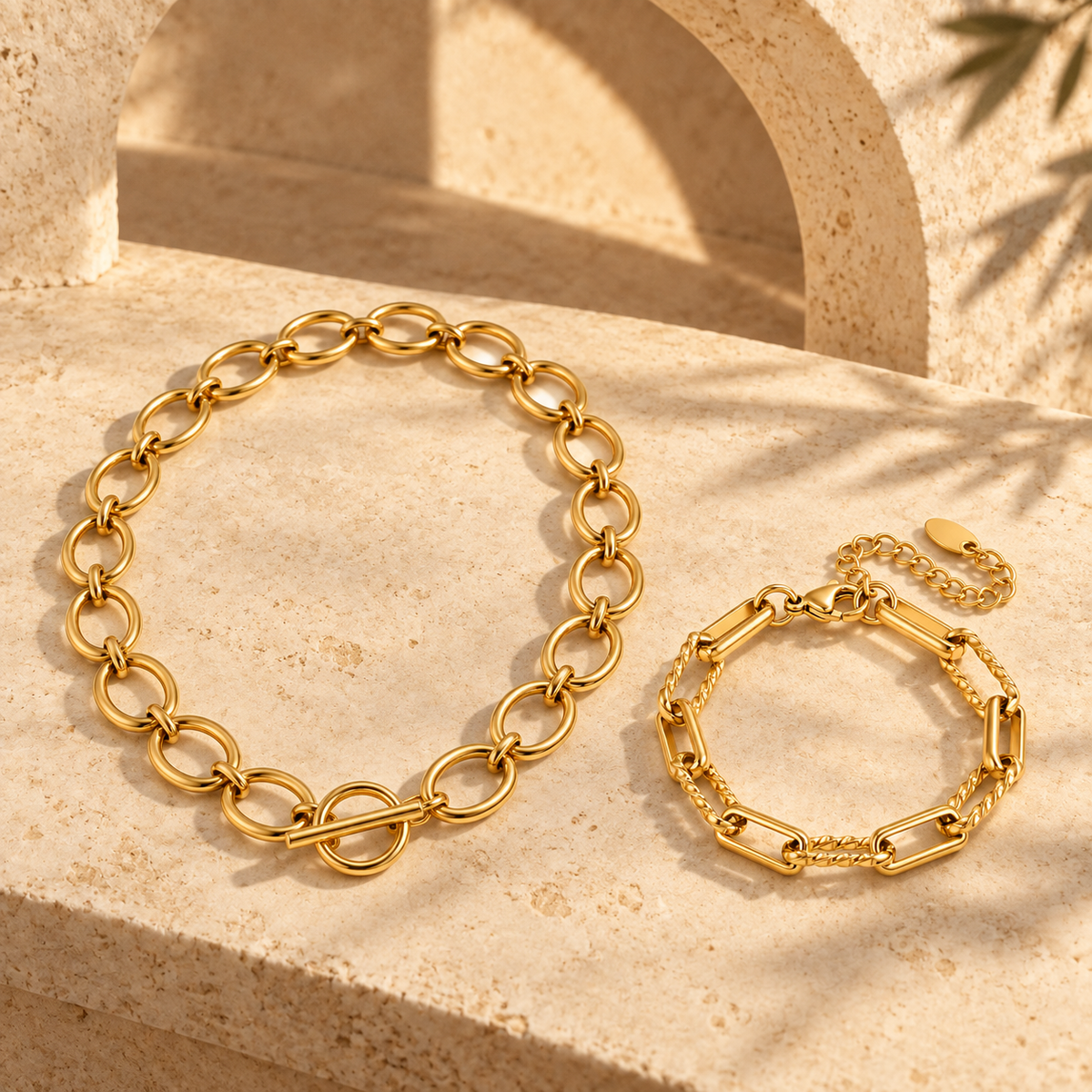 Chunky Gold Chain Necklace & Bracelet Set on textured stone