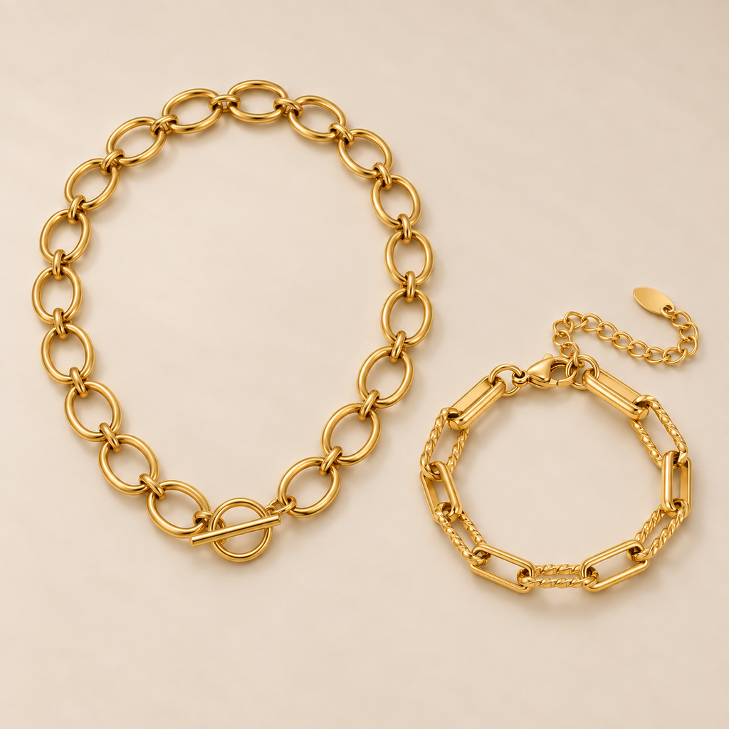Chunky Gold Chain Necklace & Bracelet Set, studio view