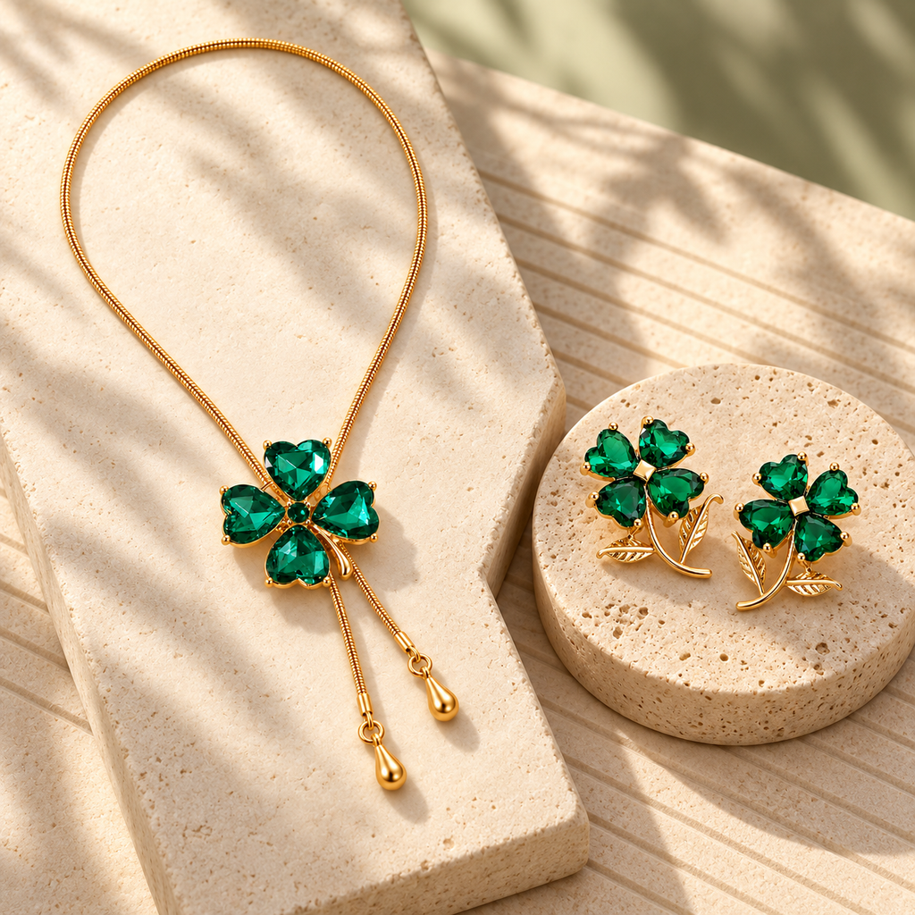 Emerald Clover Necklace & Earrings Set on textured stone