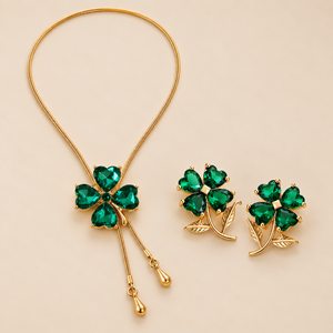 Emerald Clover Necklace & Earrings Set, studio view