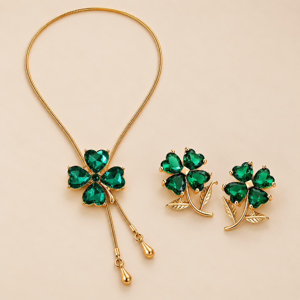 Emerald Clover Necklace & Earrings Set, studio view