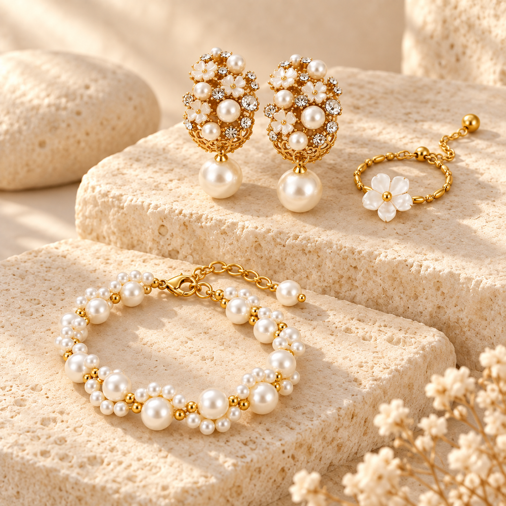 Conjunto Flores de perlas sobre piedra texturizada