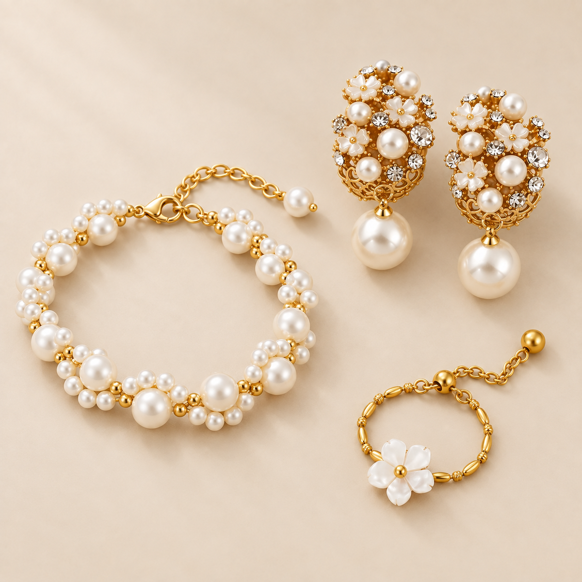 Conjunto Flores de perlas, fotografía de estudio