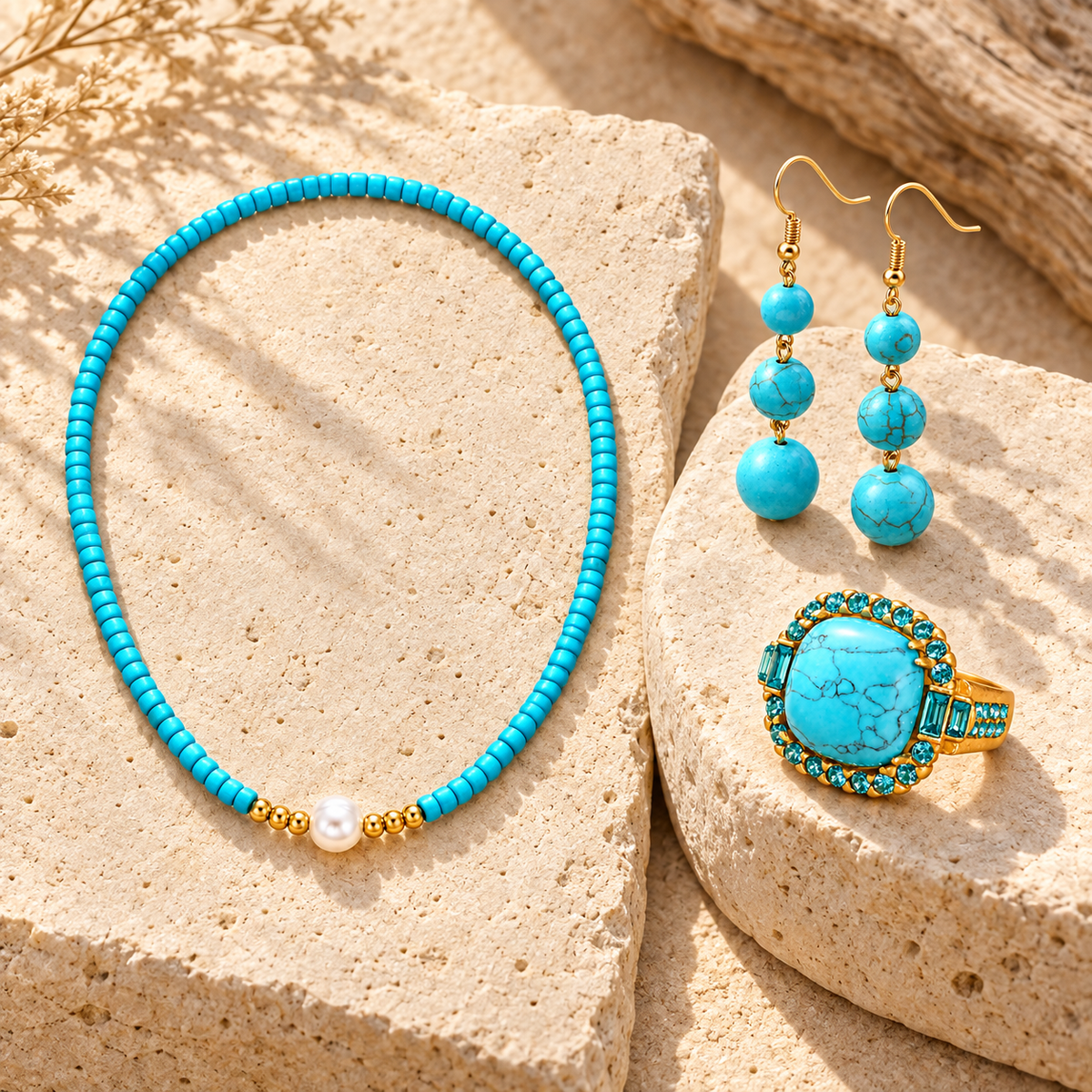 Conjunto Turquesa de verano sobre piedra texturizada