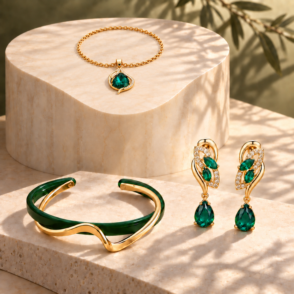Conjunto Ola esmeralda sobre piedra texturizada