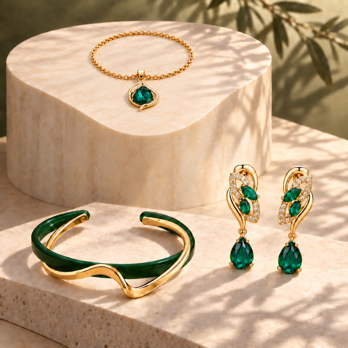 Conjunto Ola esmeralda sobre piedra texturizada