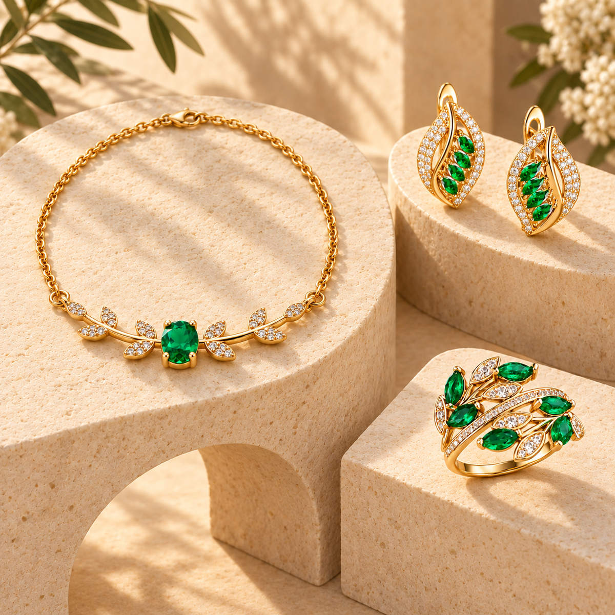 Conjunto Hojas esmeralda sobre piedra texturizada