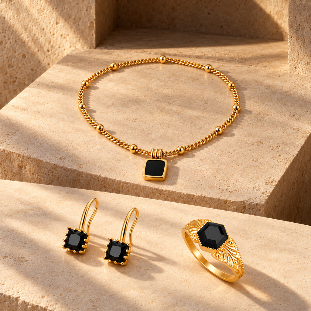 Black Night Jewelry Set on warm stone
