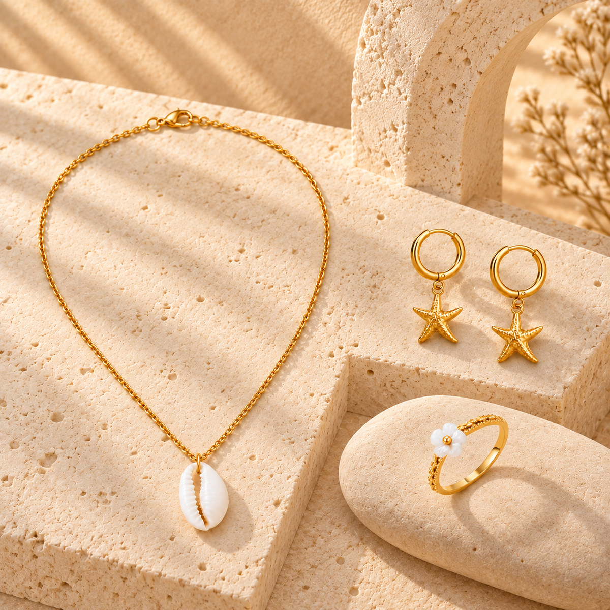 Conjunto de joyas Conchas del Mar sobre piedra clara