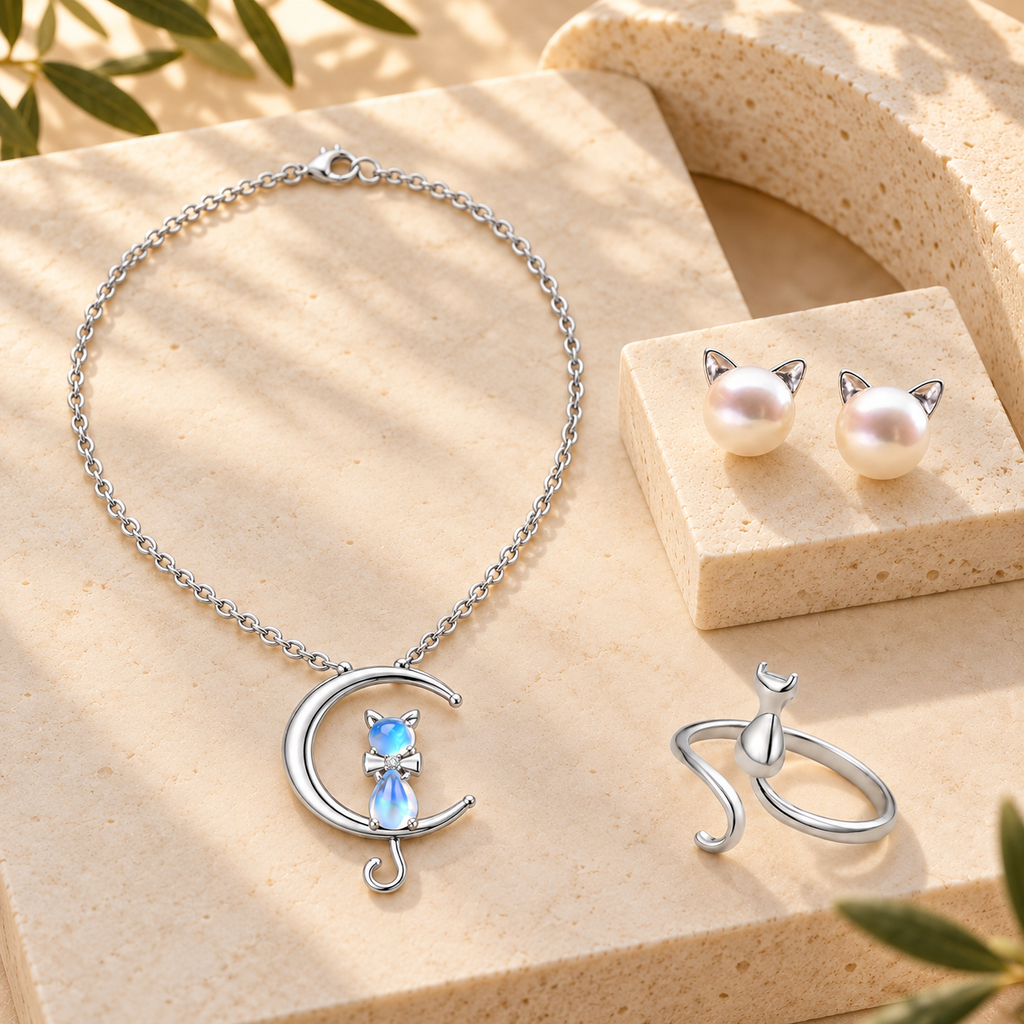 Conjunto de joyas Gato a la Luz de la Luna sobre piedra clara