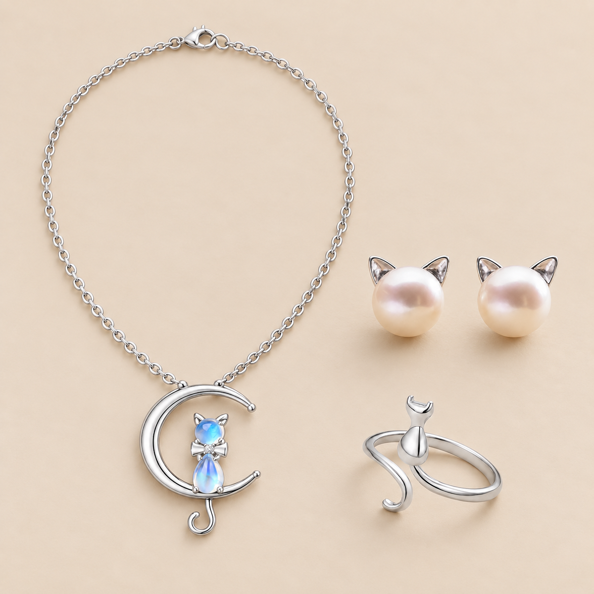 Conjunto de joyas Gato a la Luz de la Luna, fotografía de estudio