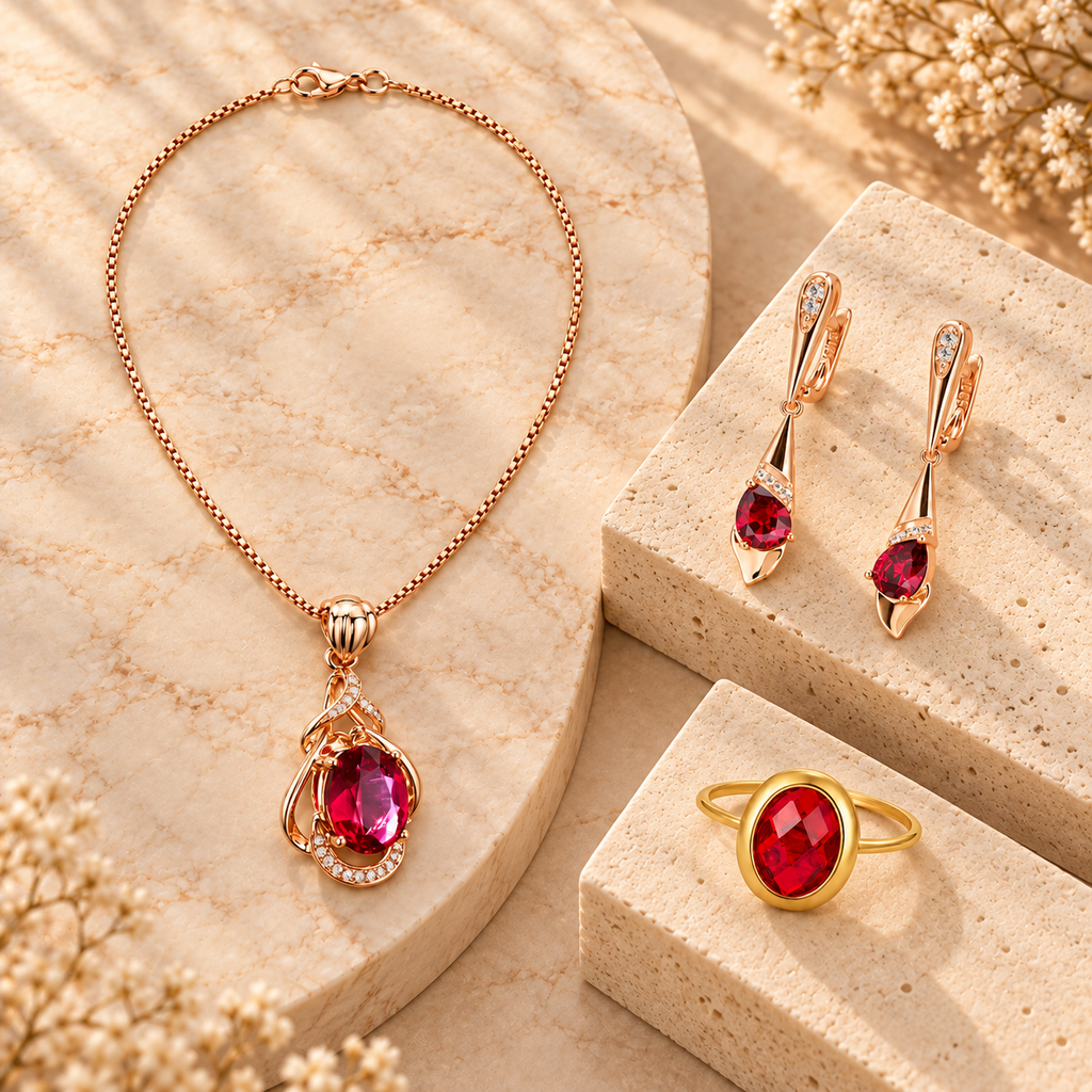 Conjunto de joyas Cristal Rojo sobre piedra clara