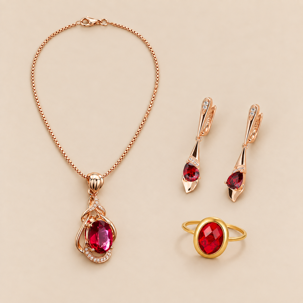 Conjunto de joyas Cristal Rojo, fotografía de estudio