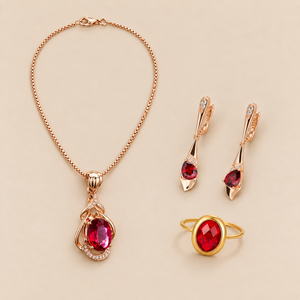 Conjunto de joyas Cristal Rojo, fotografía de estudio