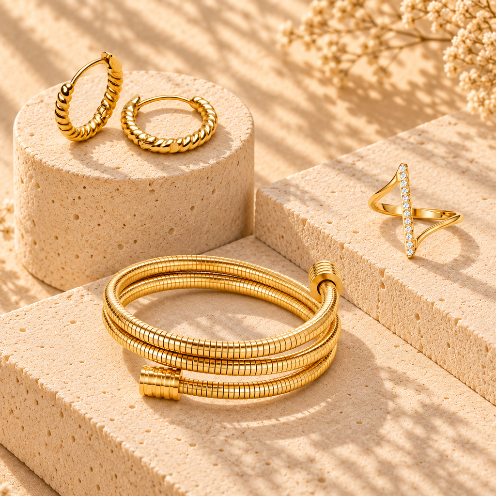 Golden Twist Jewelry Set on warm stone