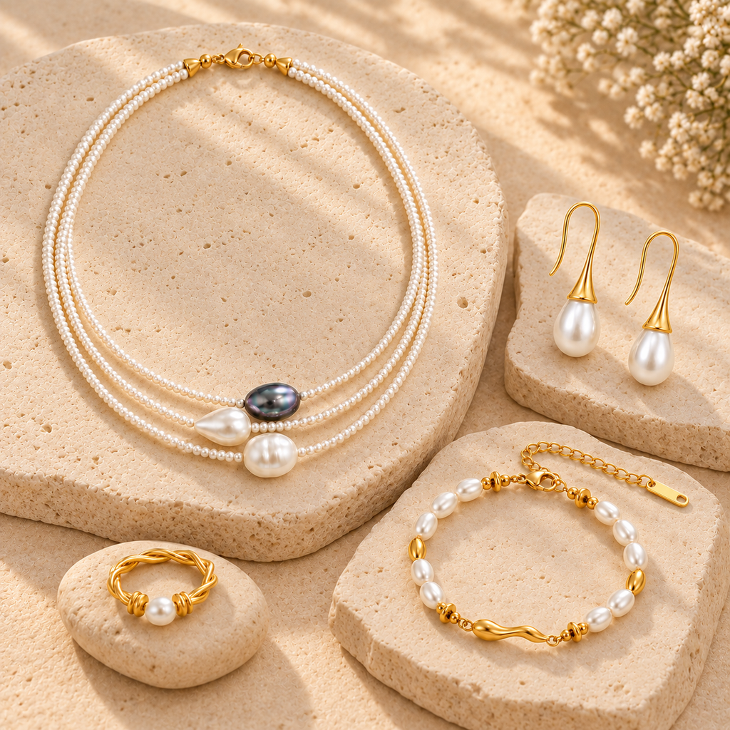Conjunto de joyas Perlas Clásicas sobre piedra clara