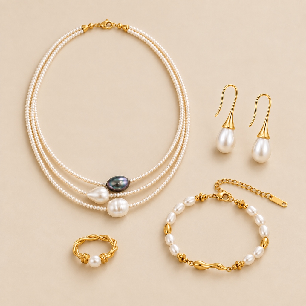 Conjunto de joyas Perlas Clásicas, fotografía de estudio