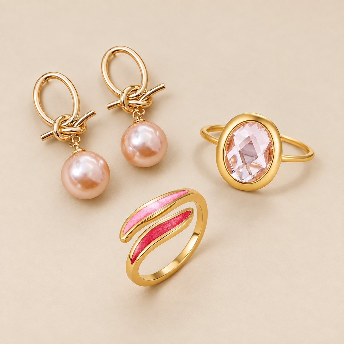 Conjunto de joyas Acentos Rosas, fotografía de estudio