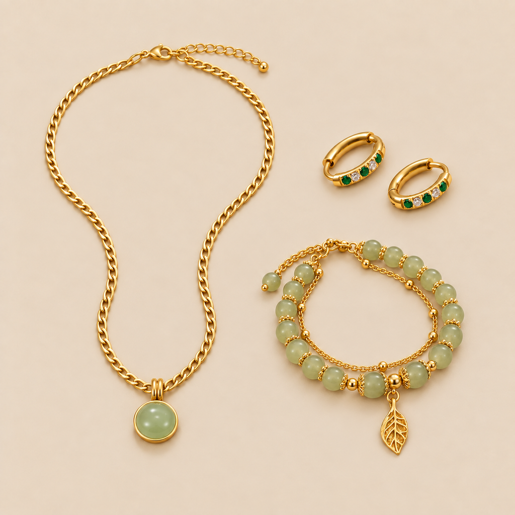 Conjunto de joyas Jade Verde, fotografía de estudio