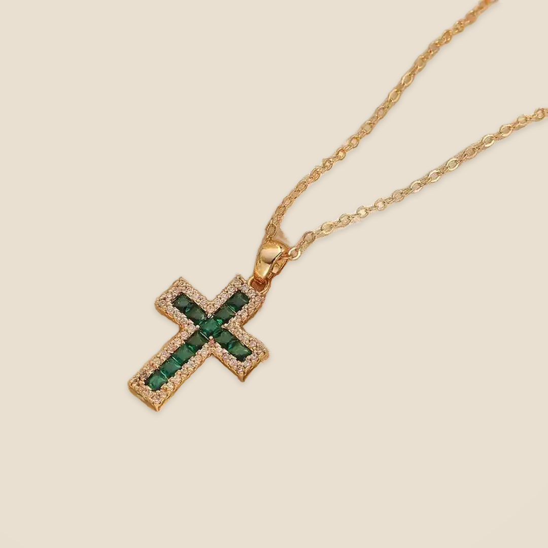 Emerald Cross Pendant Gold Necklace