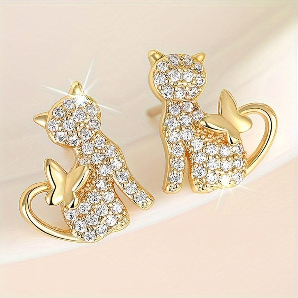 Pendientes de tuerca de mariposa con circonita de gato dorado