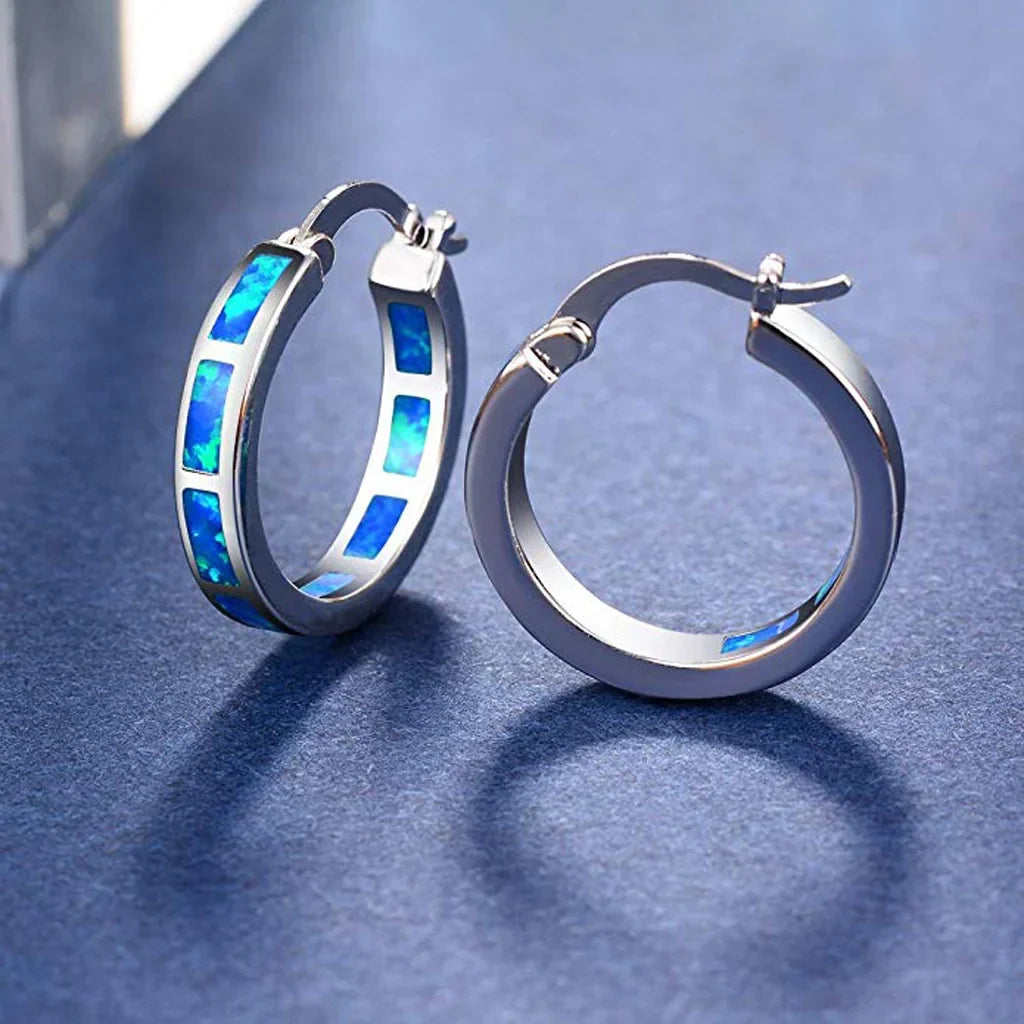 Pendientes de aro circulares de ópalo de fuego azul elegantes