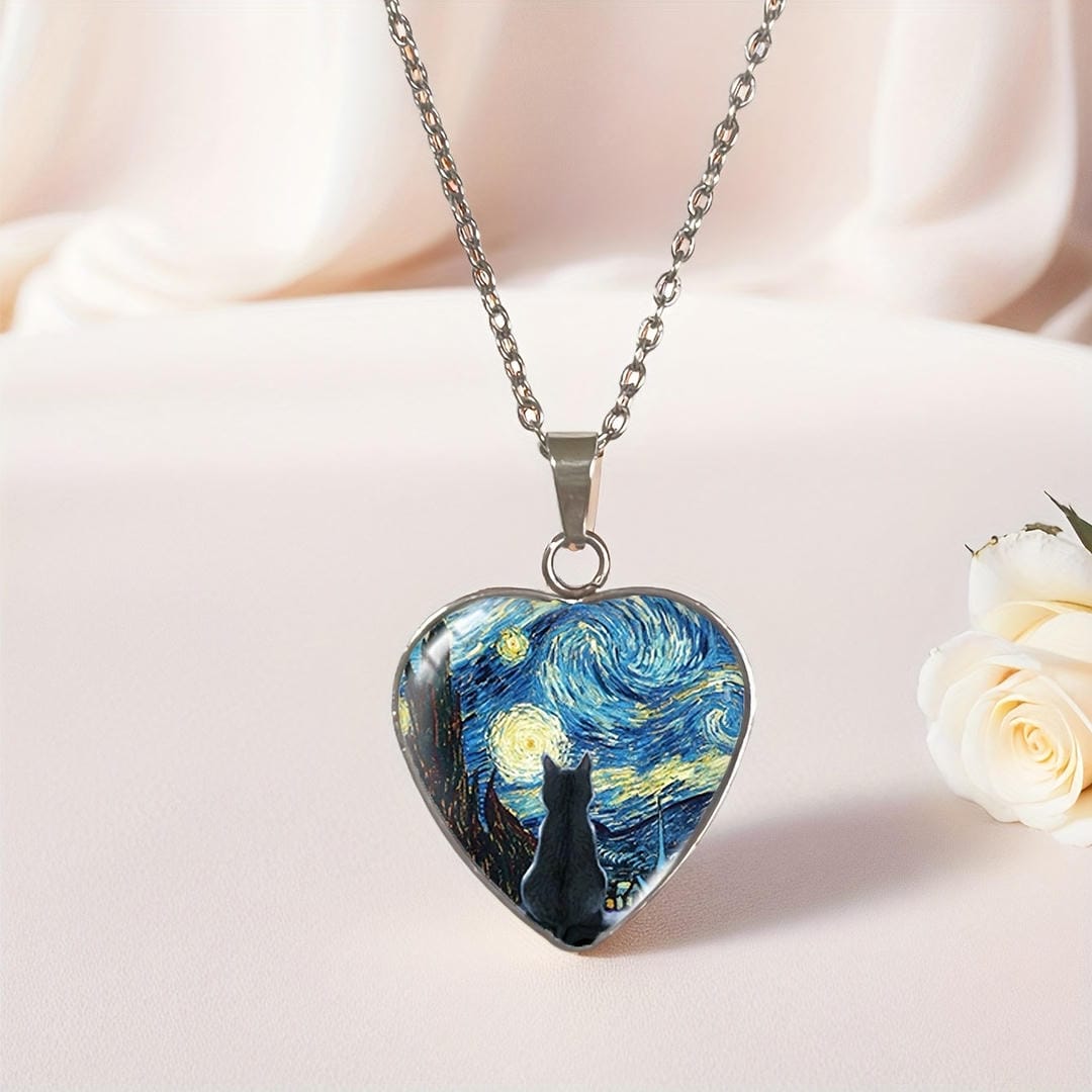 Collar de plata con corazón de gato y noche estrellada