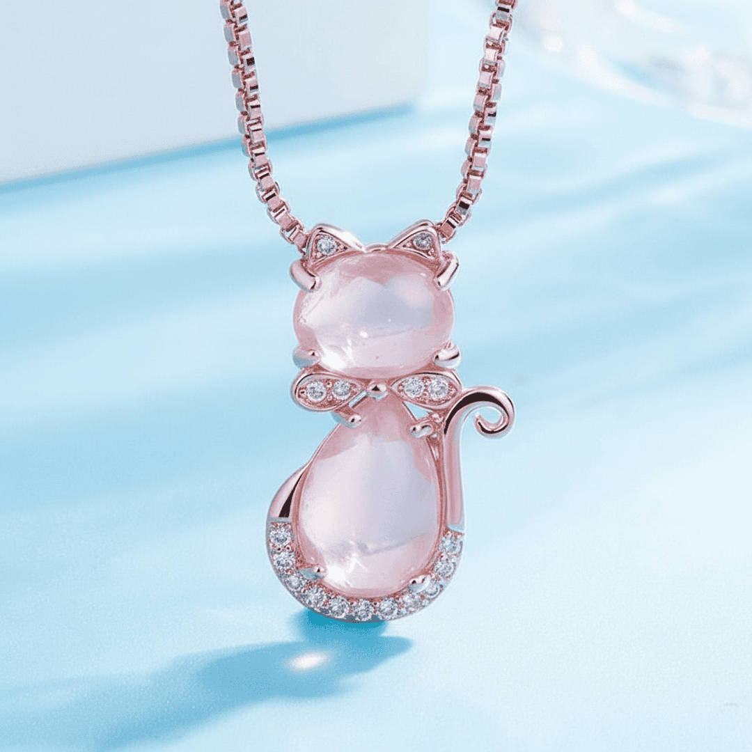 Hermoso Collar de Gato con Zirconia y Piedra Rosa