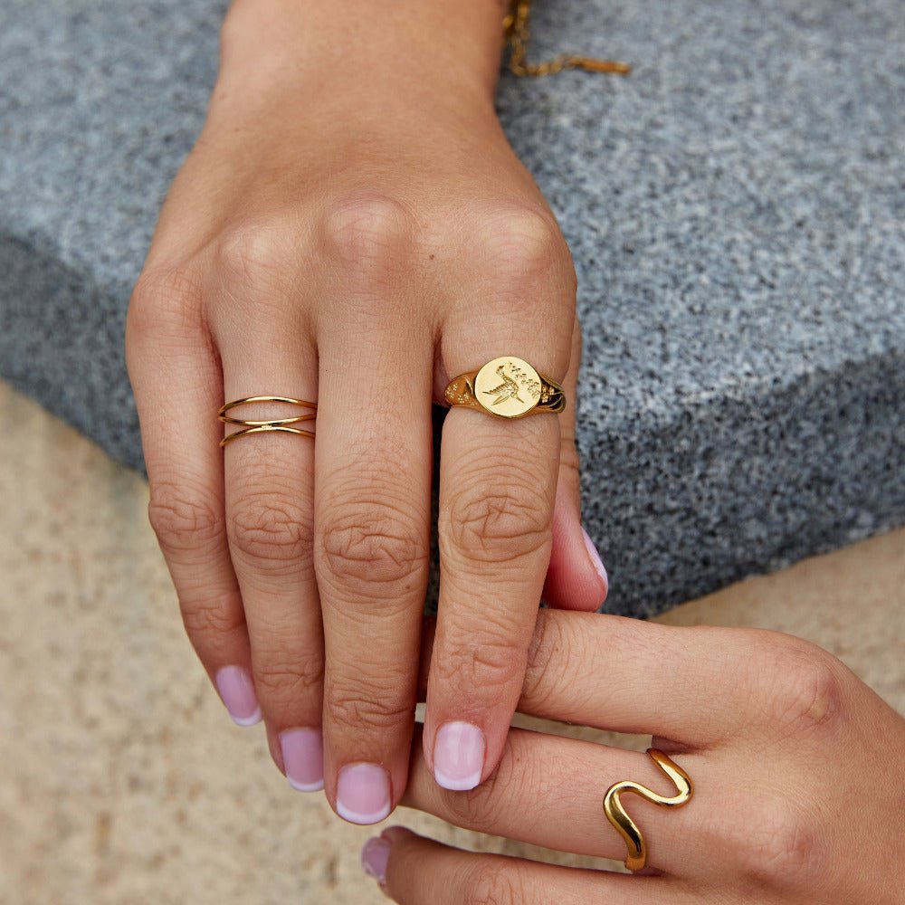 Anillo de sello colibrí dorado