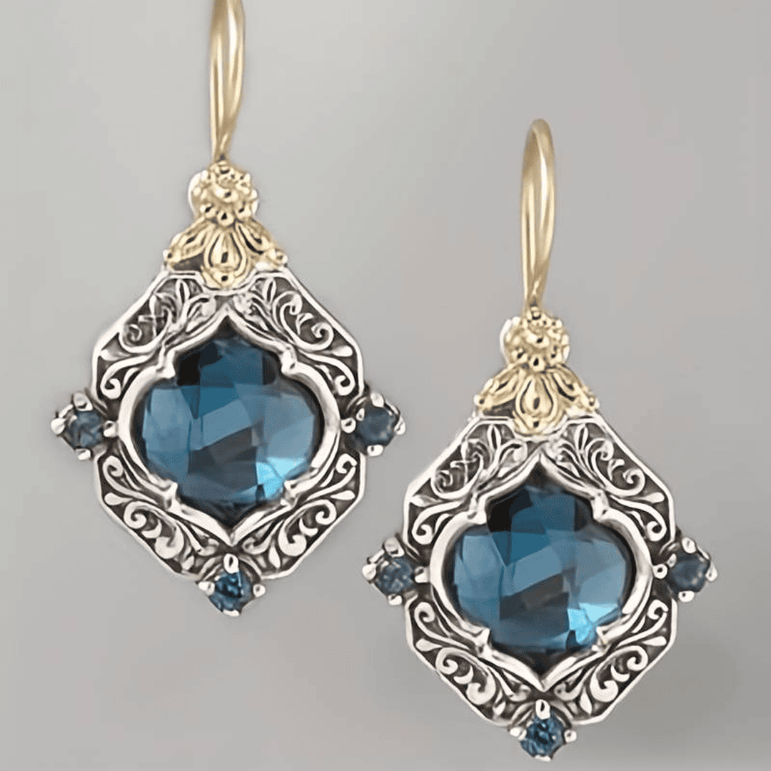 Pendientes vintage de cristal azul, oro y plata