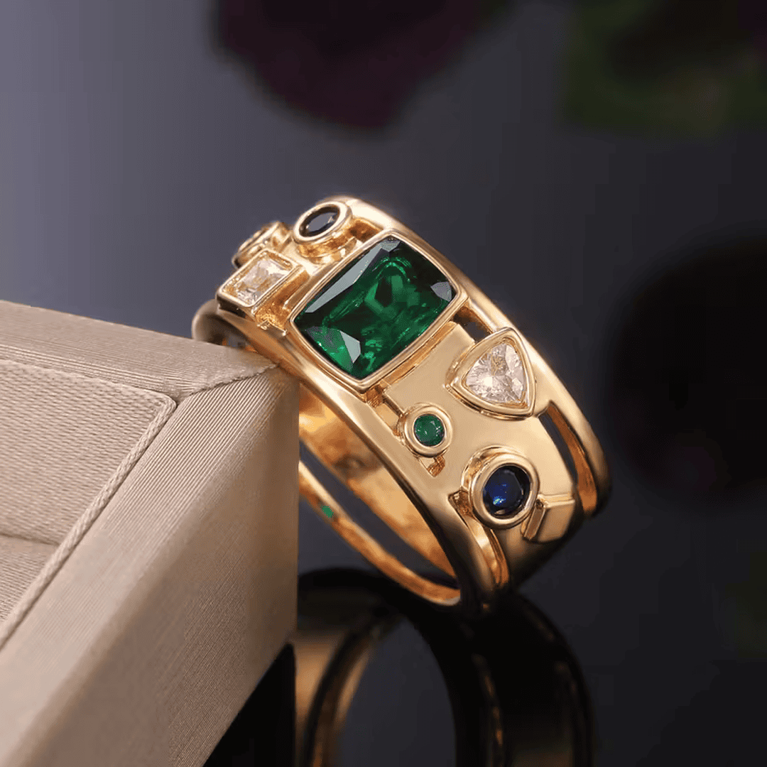Anillo de Esmeralda con Mosaico Elegante