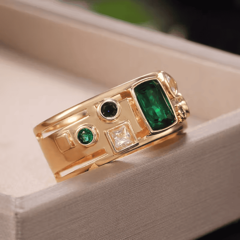 Anillo de Esmeralda con Mosaico Elegante