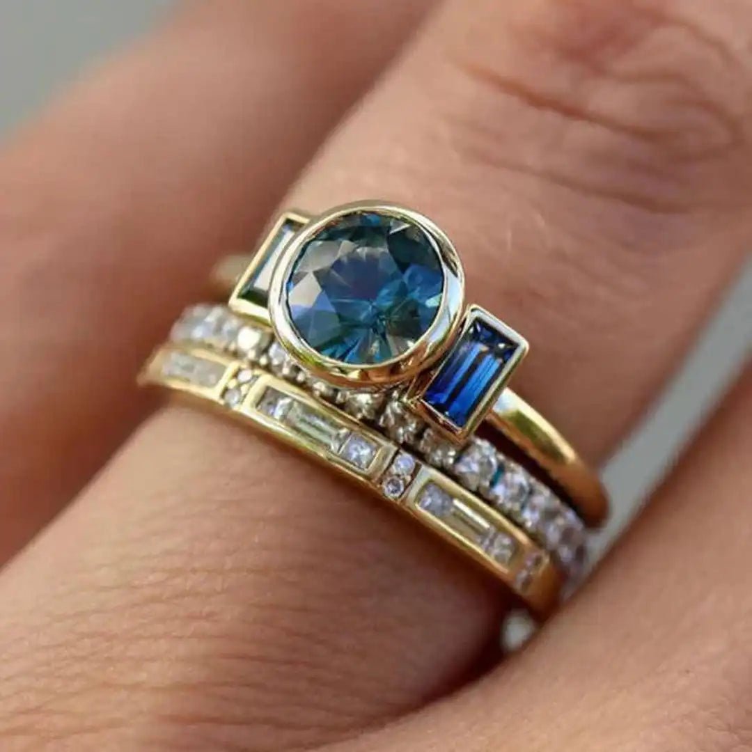 Juego de anillos elegantes azul antiguo | Dorado