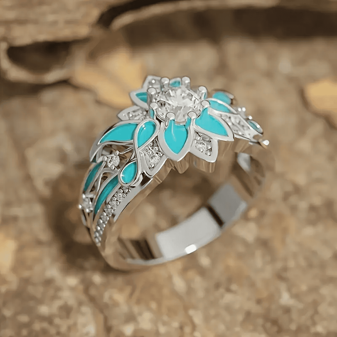 Elegante Anillo de Cristal con Flor Turquesa