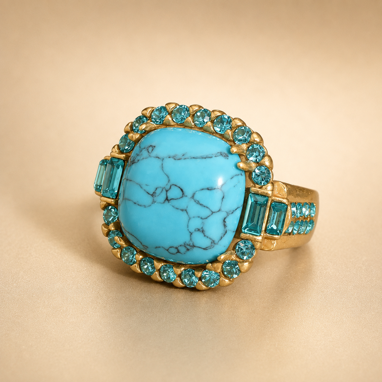 Anillo de Zirconia de Piedra Turquesa Dorada