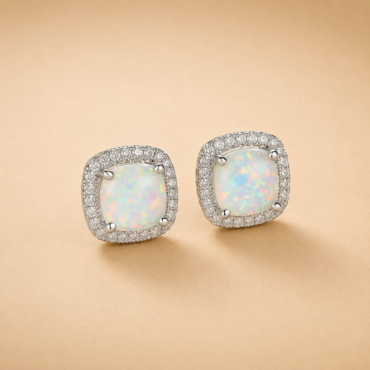 Elegantes Pendientes de Botón Redondos de Ópalo de Fuego Blanco y Plata